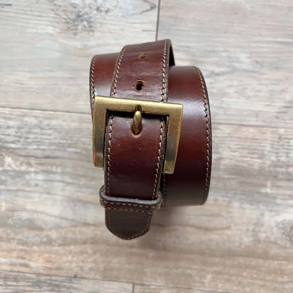 Eddie Bauer Brown Leather Belt Size 38 Brass Buckle Classic Casual Gold Stitch